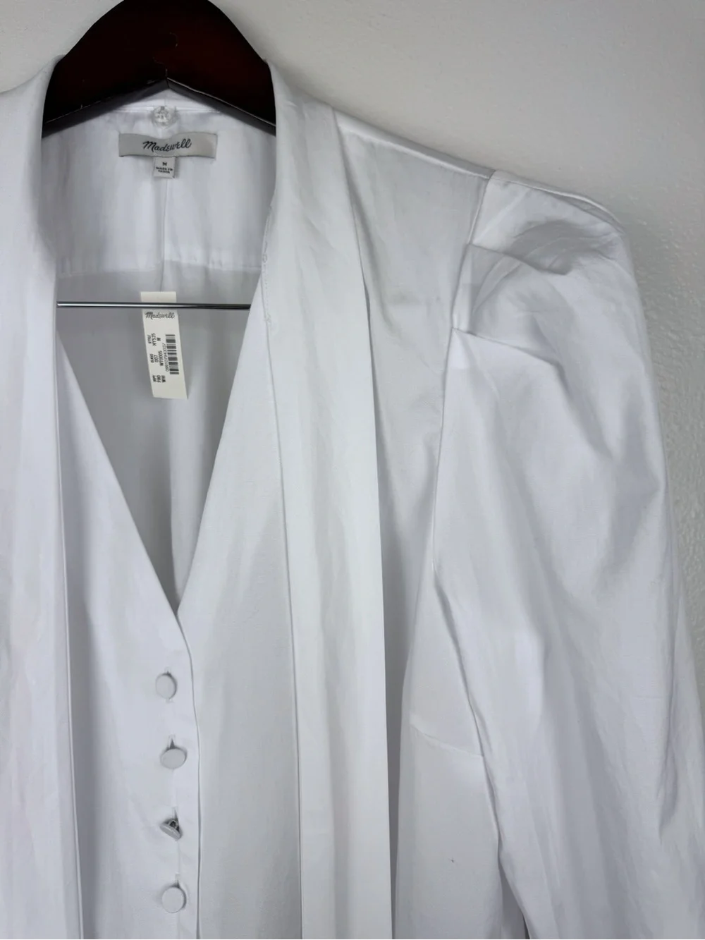 Madewell V-Neck Button Front Puff Sleeve Removeable Necktie Top White Size M NWT